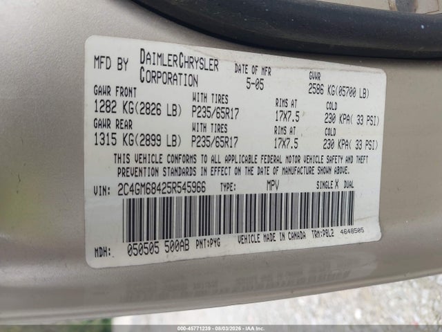 Продаж на аукціоні авто 2005 Chrysler Pacifica Touring, vin: 2C4GM68425R545966, номер лоту: 45771239