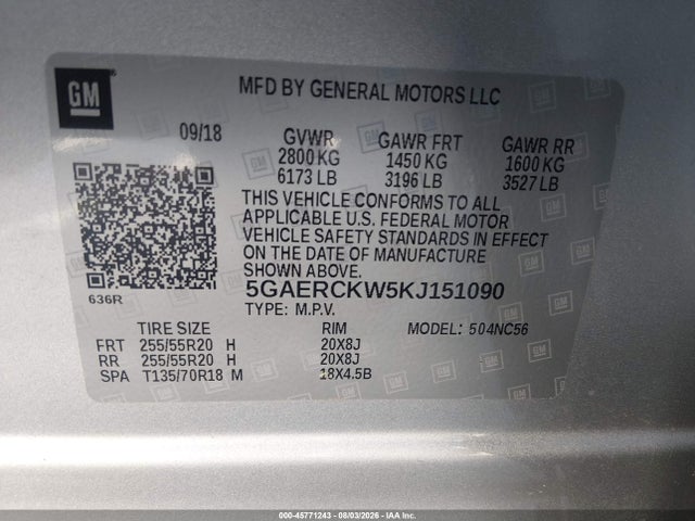 45771243 :رقم المزاد ، 5GAERCKW5KJ151090 vin ، 2019 Buick Enclave Fwd Premium مزاد بيع