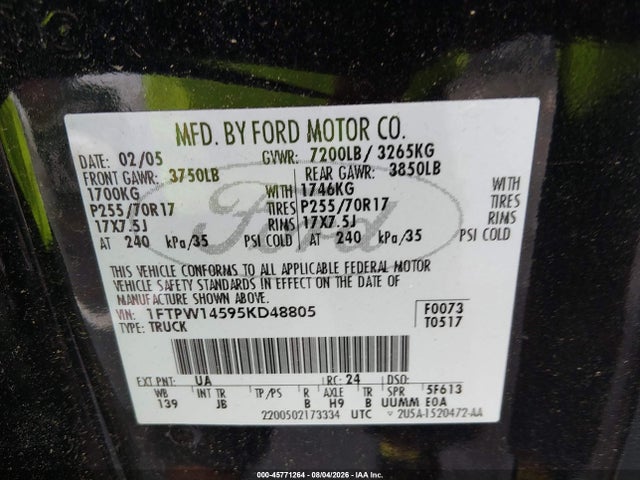 Продажа на аукционе авто 2005 Ford F-150 Fx4/lariat/xlt, vin: 1FTPW14595KD48805, номер лота: 45771264