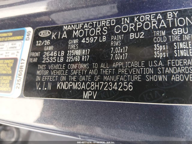 Aukcja sprzedaży 2017 Kia Sportage Lx, vin: KNDPM3AC8H7234256, numer aukcji: 45771276