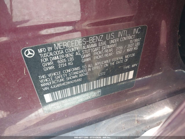 Aukcja sprzedaży 1998 Mercedes-benz Ml 320 Classic, vin: 4JGAB54E3WA015480, numer aukcji: 45771280