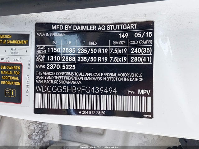 Aukcja sprzedaży 2015 Mercedes-benz Glk 350, vin: WDCGG5HB9FG439494, numer aukcji: 45771284