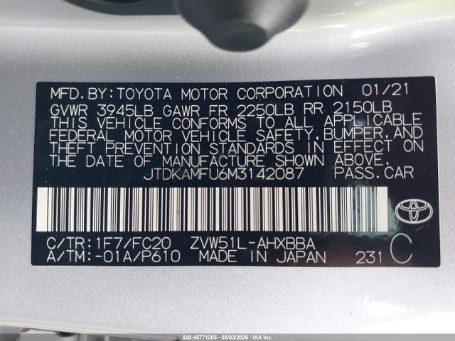2021 Toyota Prius Special Edition/l/le/xle/limited მანქანა იყიდება აუქციონზე, vin: JTDKAMFU6M3142087, აუქციონის ნომერი: 45771285