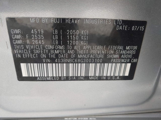 Продажа на аукционе авто 2016 Subaru Legacy 2.5i Premium, vin: 4S3BNBC68G3003100, номер лота: 45771296
