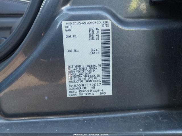 2019 Nissan Altima 2.5 Sr მანქანა იყიდება აუქციონზე, vin: 1N4BL4CV9KC132017, აუქციონის ნომერი: 45771303