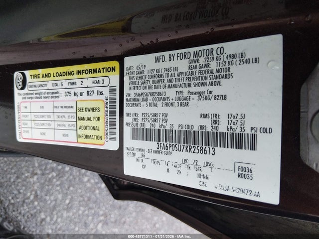 2019 Ford Fusion Energi Titanium მანქანა იყიდება აუქციონზე, vin: 3FA6P0SU7KR258613, აუქციონის ნომერი: 45771311