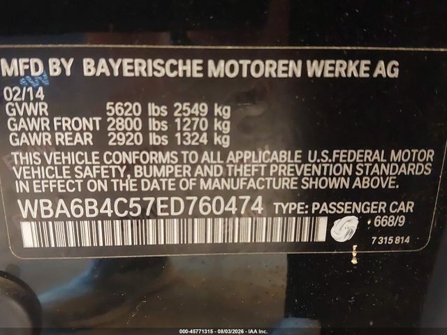 45771315 :رقم المزاد ، WBA6B4C57ED760474 vin ، 2014 Bmw 650i Gran Coupe Xdrive مزاد بيع