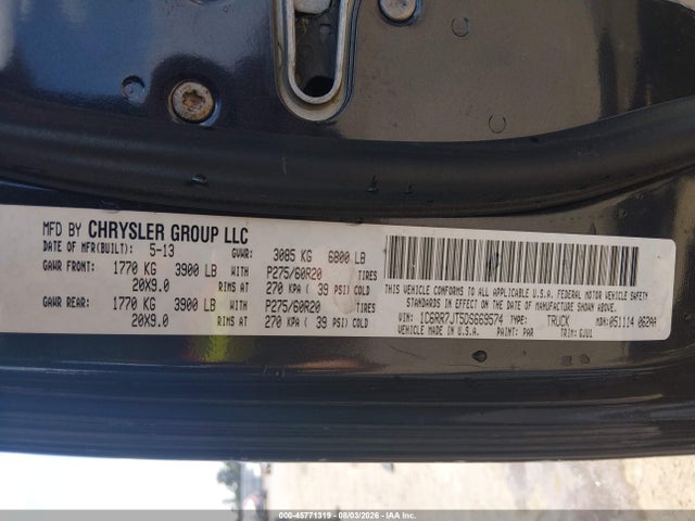Продаж на аукціоні авто 2013 Ram 1500 Laramie, vin: 1C6RR7JT5DS669574, номер лоту: 45771319