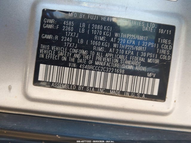Auction sale of the 2012 Subaru Outback 2.5i Premium, vin: 4S4BRCCC2C3221698, lot number: 45771332