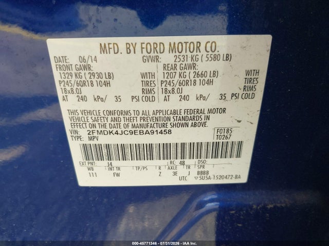 Продажа на аукционе авто 2014 Ford Edge Sel, vin: 2FMDK4JC9EBA91458, номер лота: 45771346