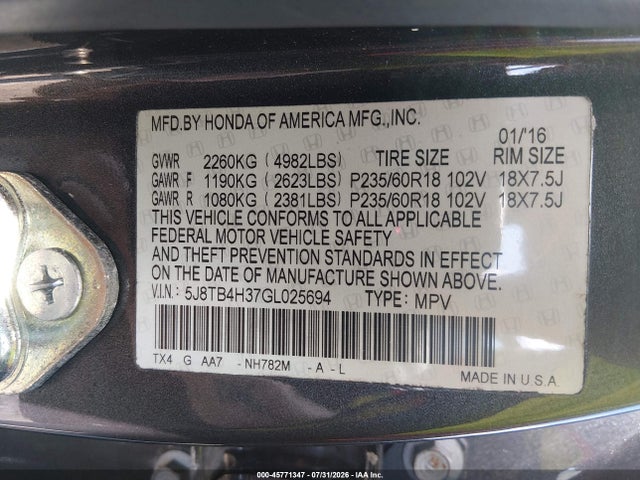 Продаж на аукціоні авто 2016 Acura Rdx Acurawatch Plus Package, vin: 5J8TB4H37GL025694, номер лоту: 45771347