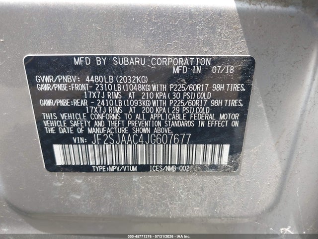 Aukcja sprzedaży 2018 Subaru Forester 2.5i, vin: JF2SJAAC4JG607677, numer aukcji: 45771376