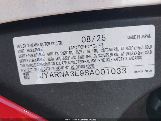 JYARNA3E9SA001033 Yamaha Yzf890