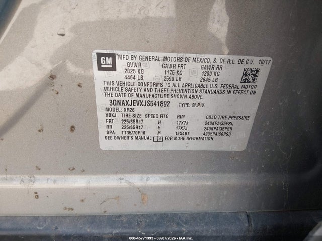 2018 Chevrolet Equinox Lt მანქანა იყიდება აუქციონზე, vin: 3GNAXJEVXJS541892, აუქციონის ნომერი: 45771393