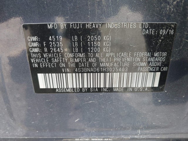 45771401 :رقم المزاد ، 4S3BNAD61H3025403 vin ، 2017 Subaru Legacy 2.5i Premium مزاد بيع