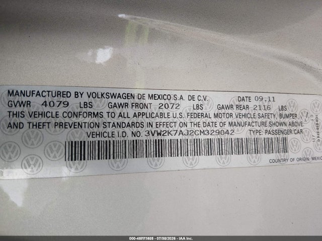 45771405 :رقم المزاد ، 3VW2K7AJ2CM329042 vin ، 2012 Volkswagen Jetta 2.0l S مزاد بيع