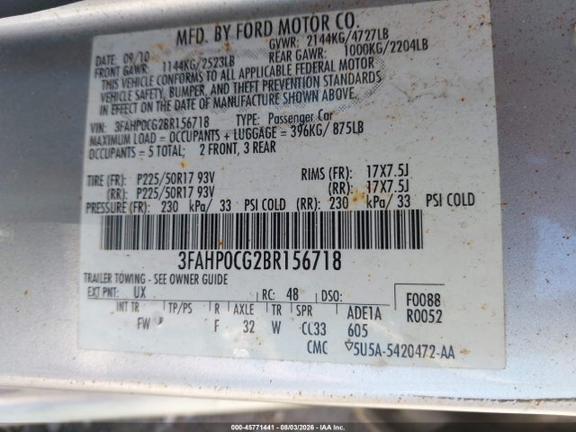 2011 Ford Fusion Sel მანქანა იყიდება აუქციონზე, vin: 3FAHP0CG2BR156718, აუქციონის ნომერი: 45771441