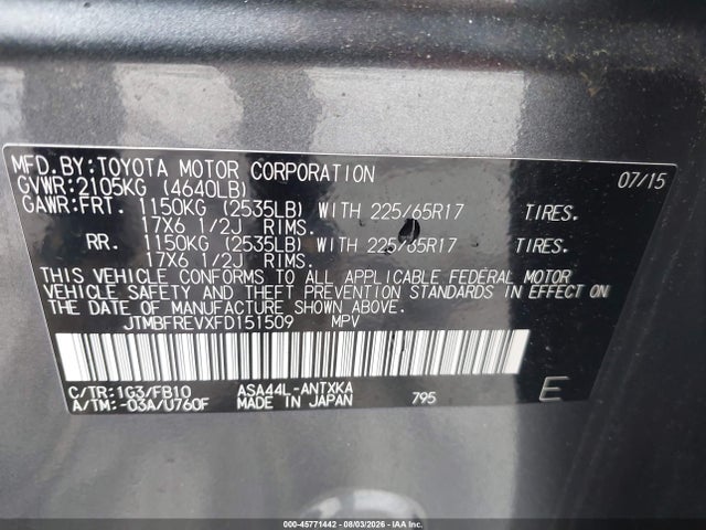 Toyota RAV4 LE 2015 JTMBFREVXFD151509 Image 9
