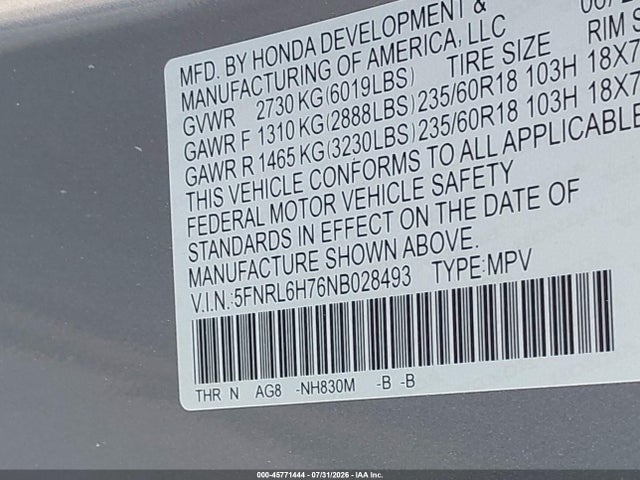2022 Honda Odyssey Ex-l მანქანა იყიდება აუქციონზე, vin: 5FNRL6H76NB028493, აუქციონის ნომერი: 45771444