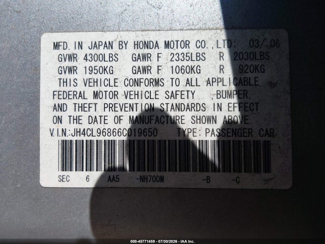 Продажа на аукционе авто 2006 Acura Tsx, vin: JH4CL96866C019650, номер лота: 45771459