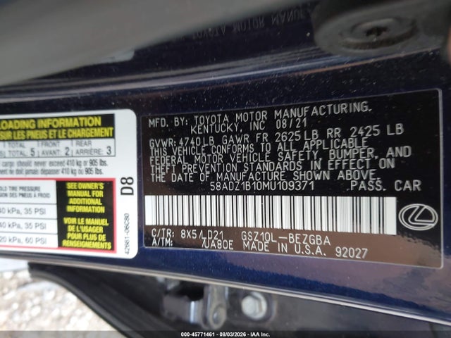 Продажа на аукционе авто 2021 Lexus Es 350, vin: 58ADZ1B10MU109371, номер лота: 45771461