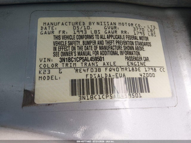 Продажа на аукционе авто 2010 Nissan Versa 1.8s, vin: 3N1BC1CP5AL459501, номер лота: 45771462