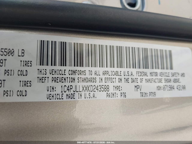 45771476 :رقم المزاد ، 1C4PJLLXXKD243588 vin ، 2019 Jeep Cherokee Latitude Plus Fwd مزاد بيع
