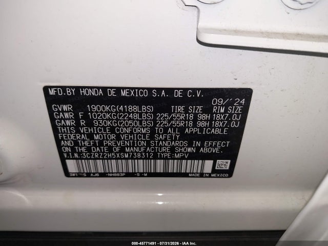 2025 Honda Hr-v Awd Sport მანქანა იყიდება აუქციონზე, vin: 3CZRZ2H5XSM738312, აუქციონის ნომერი: 45771491