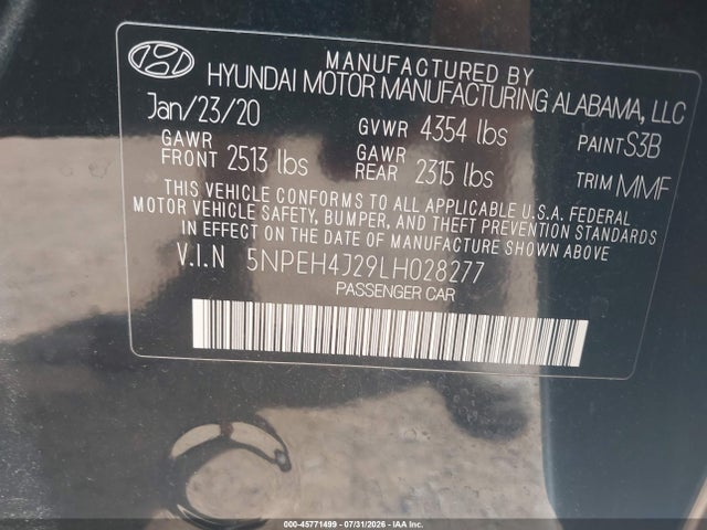 45771499 :رقم المزاد ، 5NPEH4J29LH028277 vin ، 2020 Hyundai Sonata Limited مزاد بيع