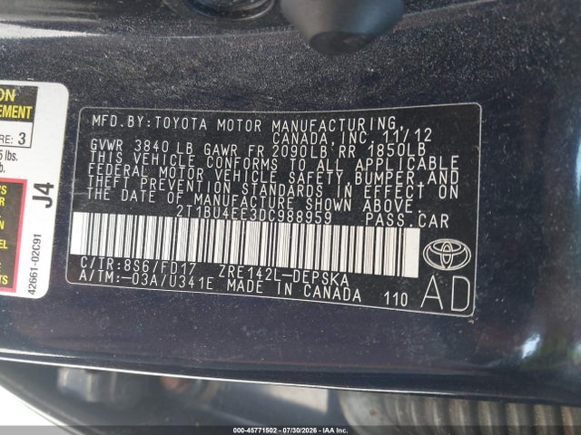 45771502 :رقم المزاد ، 2T1BU4EE3DC988959 vin ، 2013 Toyota Corolla S مزاد بيع