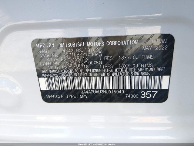 Aukcja sprzedaży 2022 Mitsubishi Outlander Sport 2.0 Be 2wd/2.0 Es 2wd/2.0 Le 2wd/2.0 S 2wd, vin: JA4APUAU3NU015949, numer aukcji: 45771507