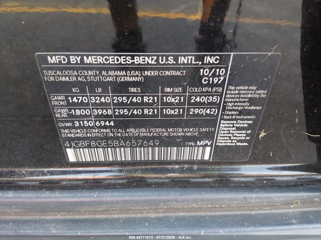 2011 Mercedes-benz Gl 550 4matic მანქანა იყიდება აუქციონზე, vin: 4JGBF8GE5BA657649, აუქციონის ნომერი: 45771512