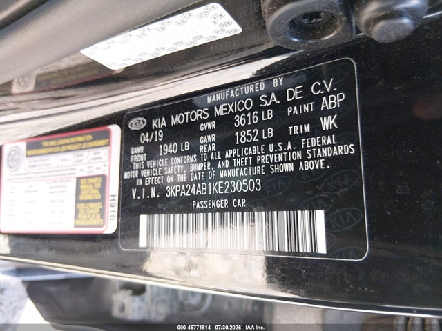 45771514 :رقم المزاد ، 3KPA24AB1KE230503 vin ، 2019 Kia Rio S مزاد بيع