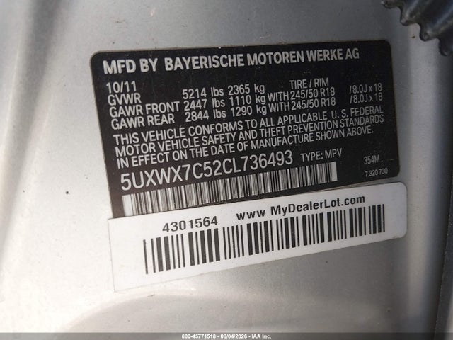 45771518 :رقم المزاد ، 5UXWX7C52CL736493 vin ، 2012 Bmw X3 Xdrive35i مزاد بيع