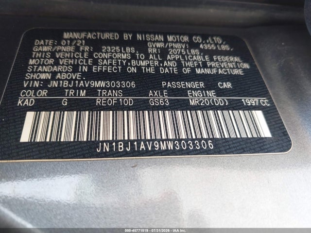 JN1BJ1AV9MW303306 Nissan Rogue Sport S Fwd Xtronic Cvt