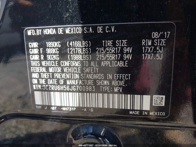 2018 Honda Hr-v Ex მანქანა იყიდება აუქციონზე, vin: 3CZRU6H56JG700983, აუქციონის ნომერი: 45771527