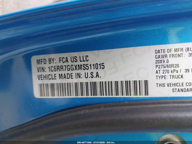 2021 Ram 1500 Classic მანქანა იყიდება აუქციონზე, vin: 1C6RR7GGXMS511015, აუქციონის ნომერი: 45771548