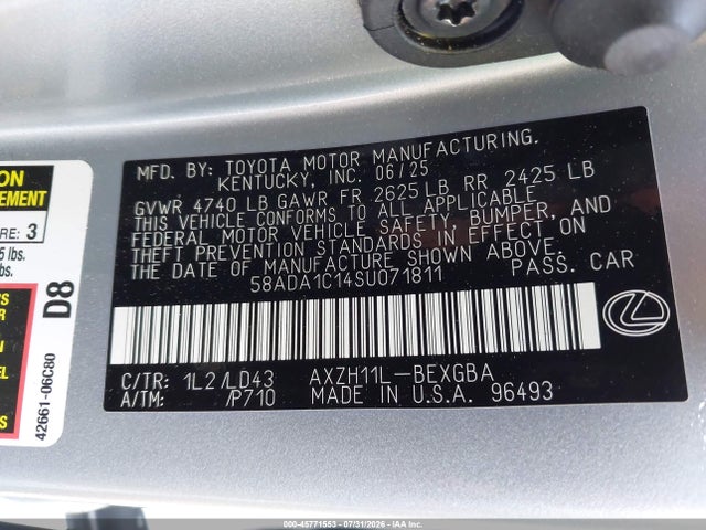 45771553 :رقم المزاد ، 58ADA1C14SU071811 vin ، 2025 Lexus Es 300h مزاد بيع