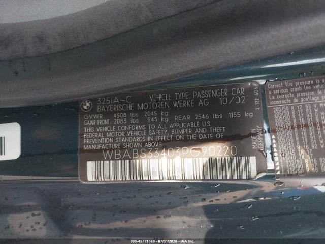 45771560 :رقم المزاد ، WBABS33403PG90220 vin ، 2003 Bmw 325ci مزاد بيع