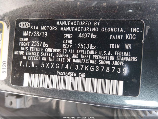 2019 Kia Optima Lx მანქანა იყიდება აუქციონზე, vin: 5XXGT4L37KG378739, აუქციონის ნომერი: 45771562
