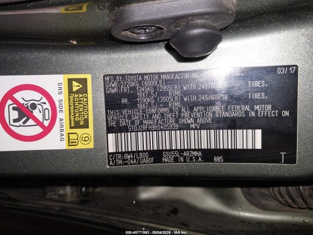 Aukcja sprzedaży 2017 Toyota Highlander Xle, vin: 5TDJZRFH9HS405939, numer aukcji: 45771563