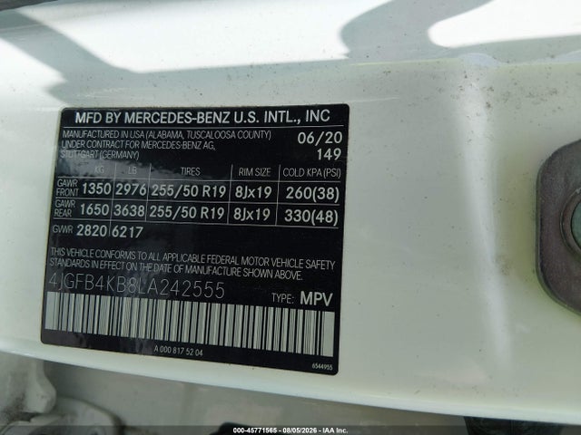 45771565 :رقم المزاد ، 4JGFB4KB8LA242555 vin ، 2020 Mercedes-benz Gle 350 4matic مزاد بيع