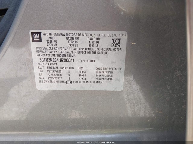 Продажа на аукционе авто 2017 Gmc Sierra 1500 Slt, vin: 3GTU2NEC4HG293341, номер лота: 45771570