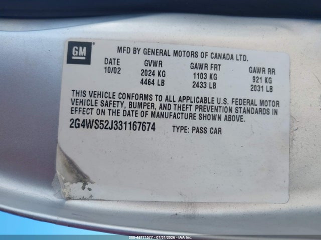 45771577 :رقم المزاد ، 2G4WS52J331167674 vin ، 2003 Buick Century Custom مزاد بيع
