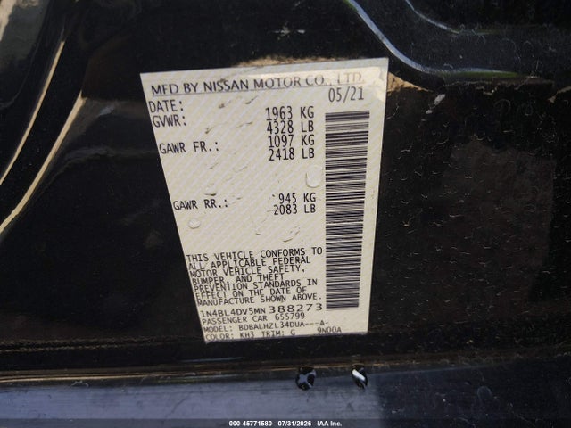2021 Nissan Altima Sv Fwd მანქანა იყიდება აუქციონზე, vin: 1N4BL4DV5MN388273, აუქციონის ნომერი: 45771580