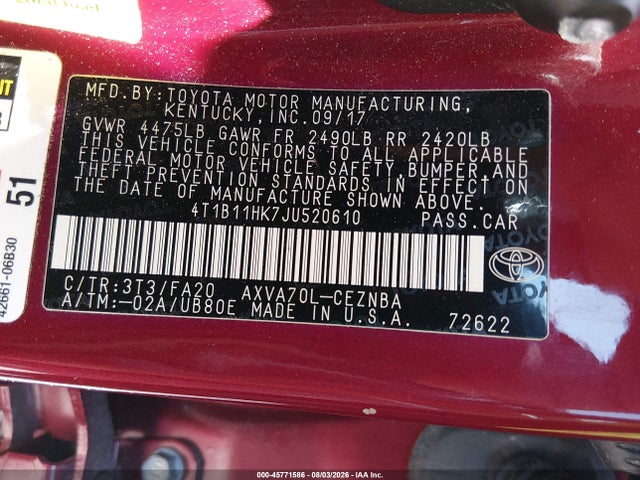 4T1B11HK7JU520610 Toyota CAMRY LE
