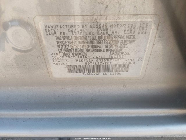 3N1CN7AP4EK461336 Nissan Versa 1.6 Sv