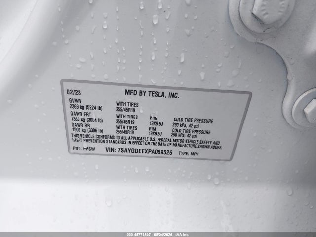Продаж на аукціоні авто 2023 Tesla Model Y Awd/long Range Dual Motor All-wheel Drive, vin: 7SAYGDEEXPA069526, номер лоту: 45771597