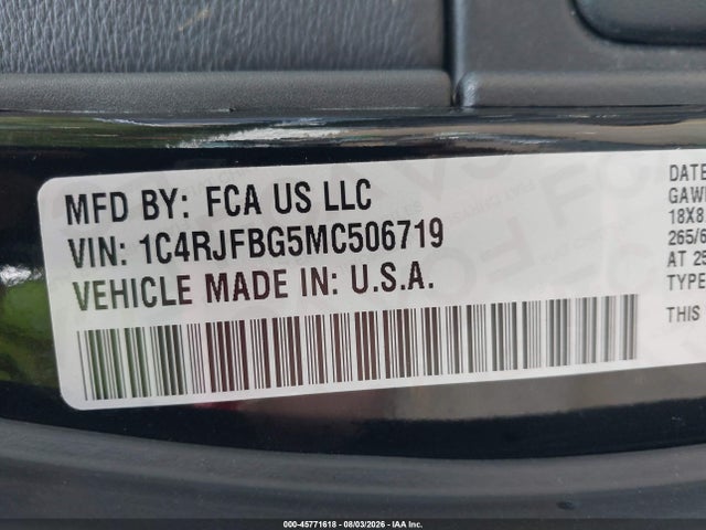 Aukcja sprzedaży 2021 Jeep Grand Cherokee Limited 4x4, vin: 1C4RJFBG5MC506719, numer aukcji: 45771618
