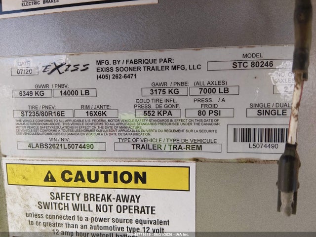 Продаж на аукціоні авто 2020 Exxiss Aluminum Trailers Unknown, vin: 4LABS2621L5074490, номер лоту: 45771619